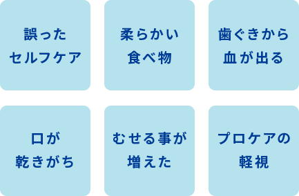 誤ったセルフケア / 柔らかい食べ物 / 歯ぐきから血が出る / 口が乾きがち / むせる事が増えた / プロケアの軽視